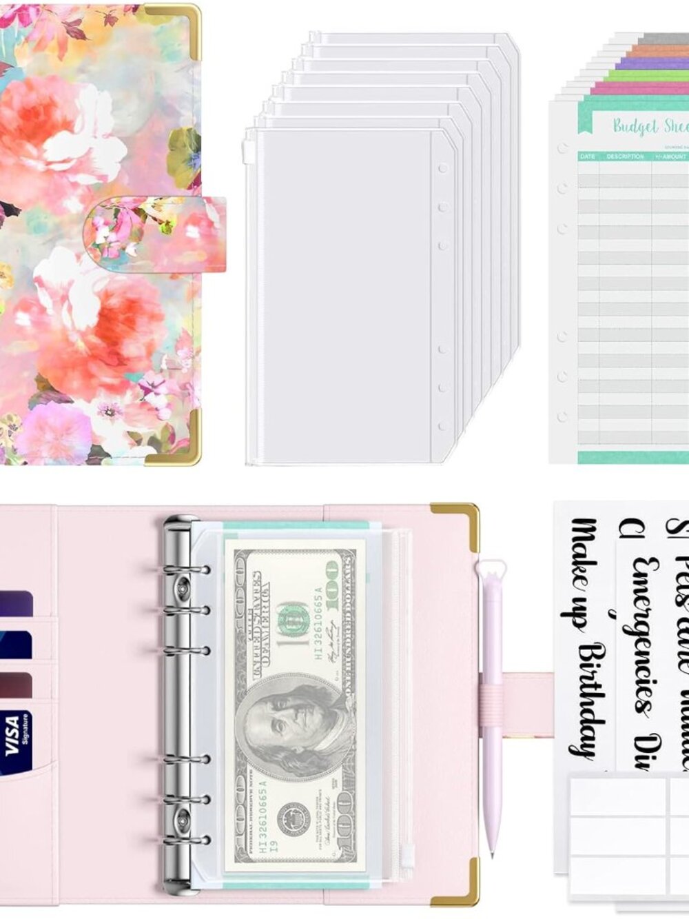 Budget Binder with Zipper Envelopes, A6 Money Saving Binder Cash Envelopes for B